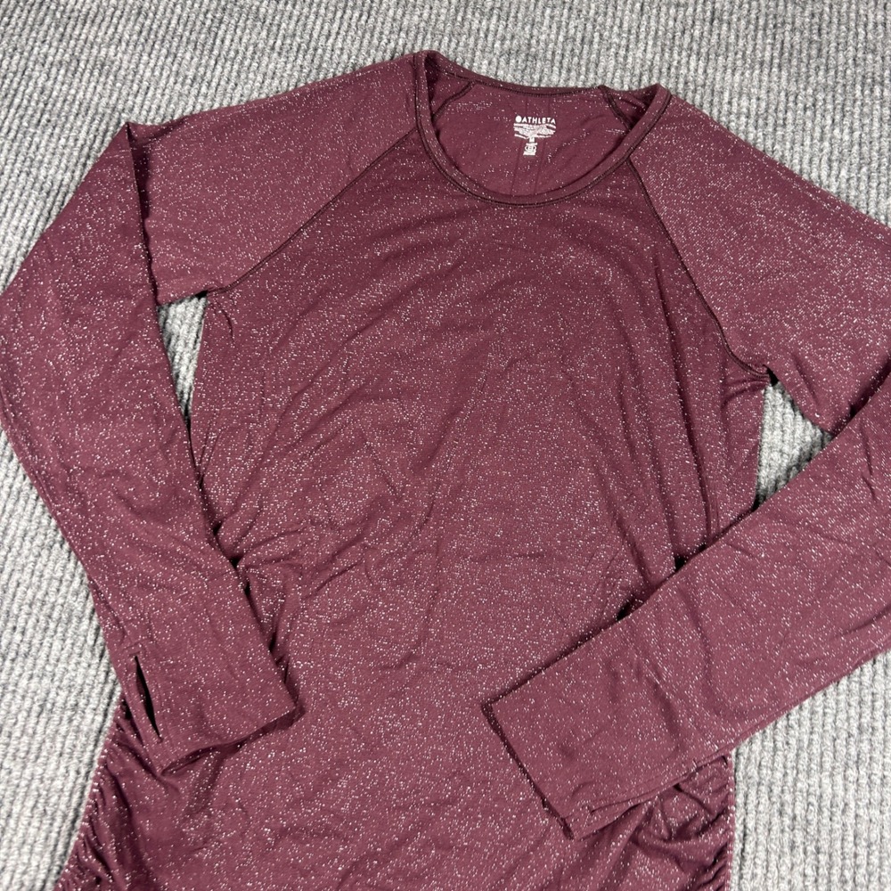 Athleta Shirt Women's M Momentum Ruched Long Sleeve Top Maroon Sparkle Metallic